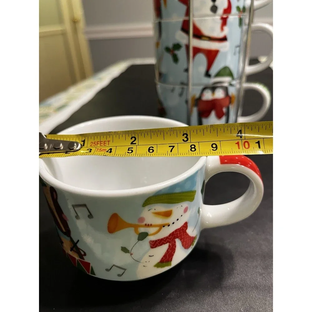 Pier 1 Stackable Santa Snowman Christmas Mugs w Metal Holder